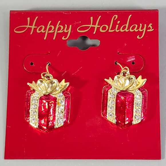 Happy Holidays Christmas Present Box Earrings Rhinestone Wrapped Red Enamel Set - Picture 1 of 8